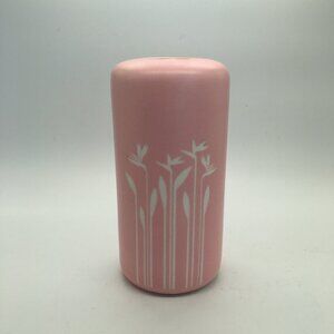 Art Pottery Pink Cylinder Vase Carved with Birds of Paradise Flowers
